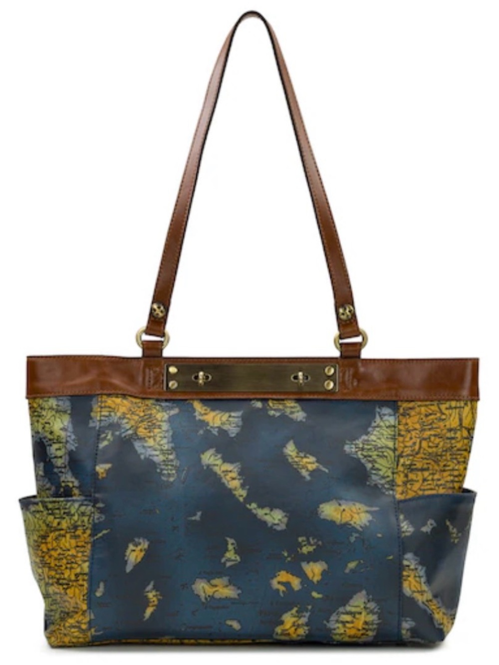 Patricia Nash NEW Ria Coated Canvas Tote with Leather Trim RARE Navy Greek Map